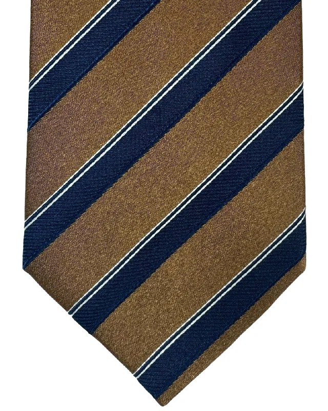 Classic men's tie for business events with sleek design-Luigi Borrelli Silk Tie Brown Dark Navy Stripes