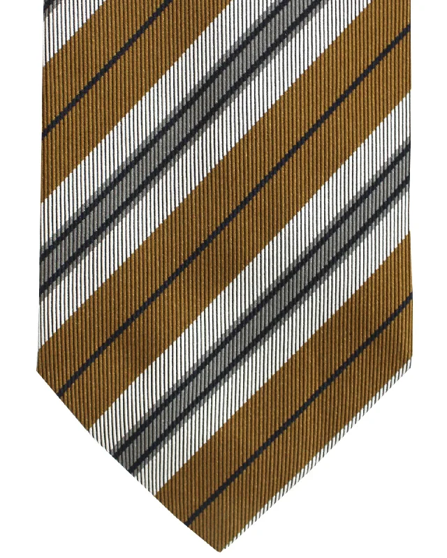 Men's tie with subtle checks for business wear-Luigi Borrelli Silk Tie Olive Gray Stripes FINAL SALE