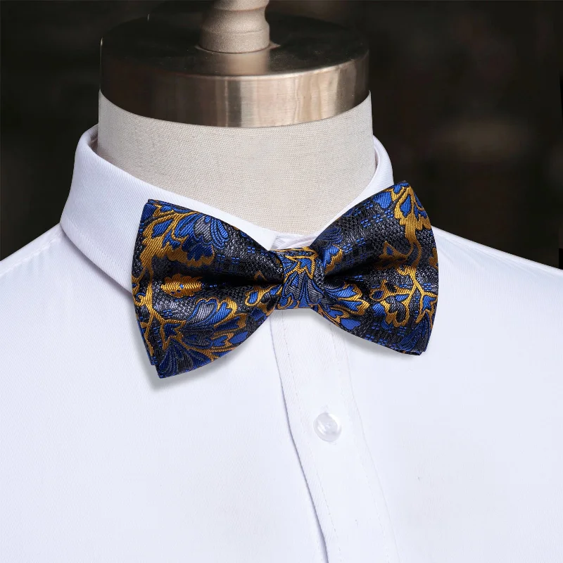 Men's tie with smooth silk texture for office wear-YourTies Luxury Deep Blue Necktie Golden Jacquard Floral Silk Bow Tie