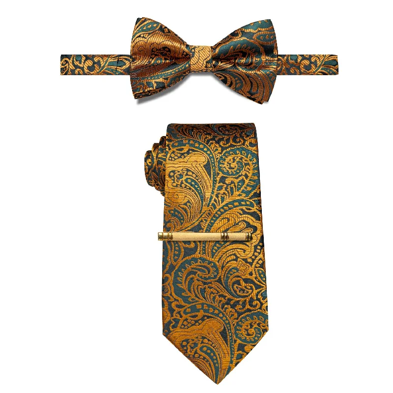 Best men's tie for corporate functions with luxury fabric-YourTies Golden Green Paisley Pre-tied Bow Tie Necktie Golden Clip Set