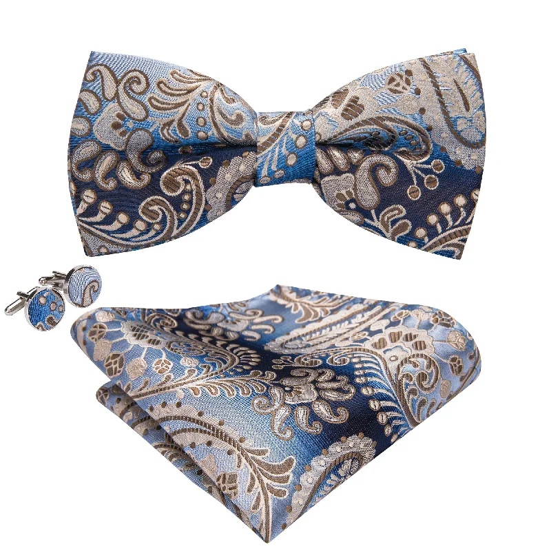 Men's tie with geometric lines for modern business attire-Luxury Paisley Pre-tied Bow Tie Hanky Cufflinks Set