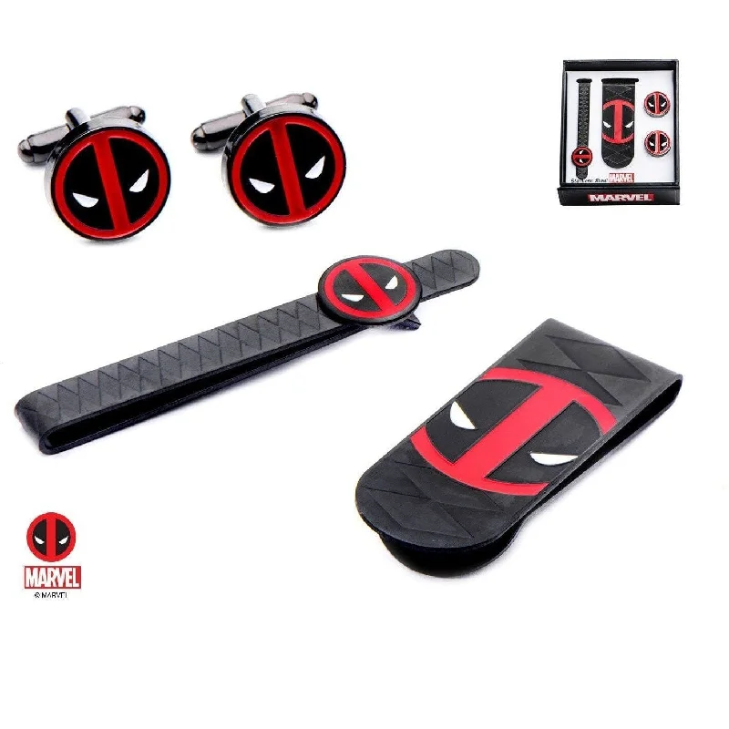 Men's tie with vibrant accents for holiday wear-Marvel Deadpool Gift Set with Cufflinks Tie Bar and Money Clip