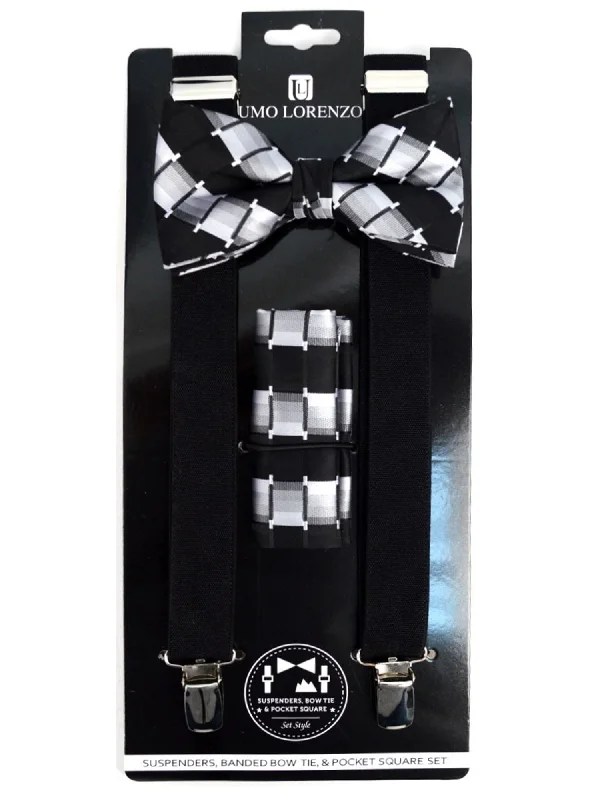 Men's tie with modern textured design for office wear-Men's Black 3 PC Clip-on Suspenders, Bow Tie & Hanky Sets