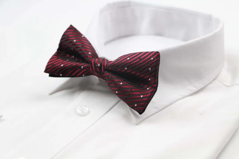 Stylish men's tie for a sleek business appearance-Mens Black & Red Diagonal Stripes With Black & White Polka Dots Patterned Bow Tie