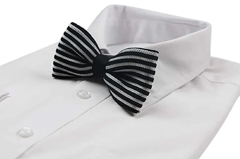 Stylish men's tie with unique color combinations-Mens Black & White Horizontal Stripe Knitted Bow Tie