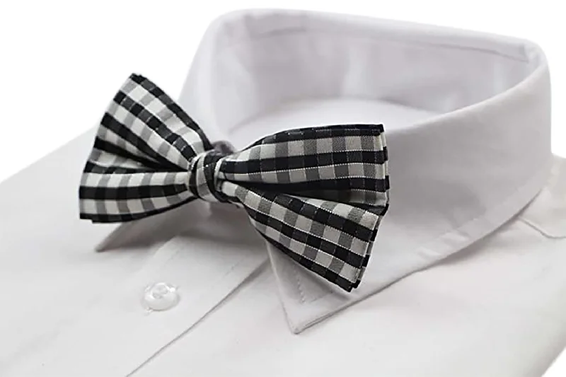 Men's tie with smooth fabric for elegant affairs-Mens Black & White Plaid Patterned Tinsel Bow Tie