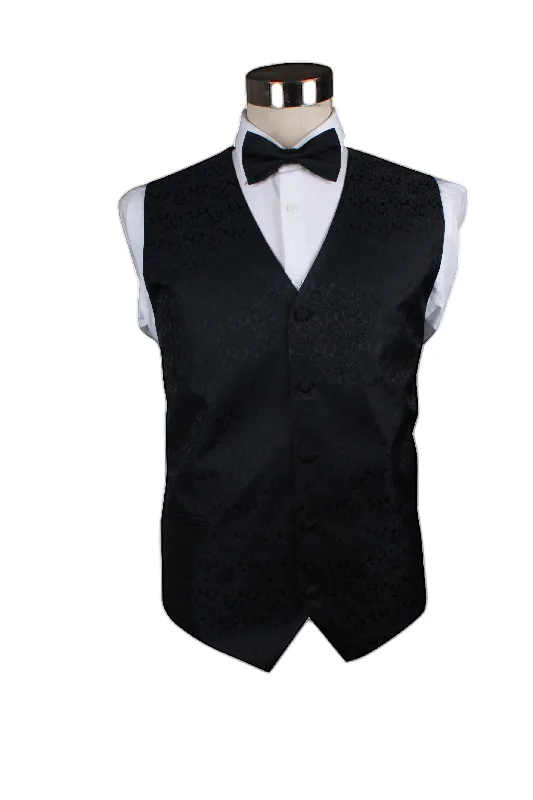 Best men's tie for casual office meetings-Mens Black Paisley Patterned Vest Waistcoat & Matching Bow Tie