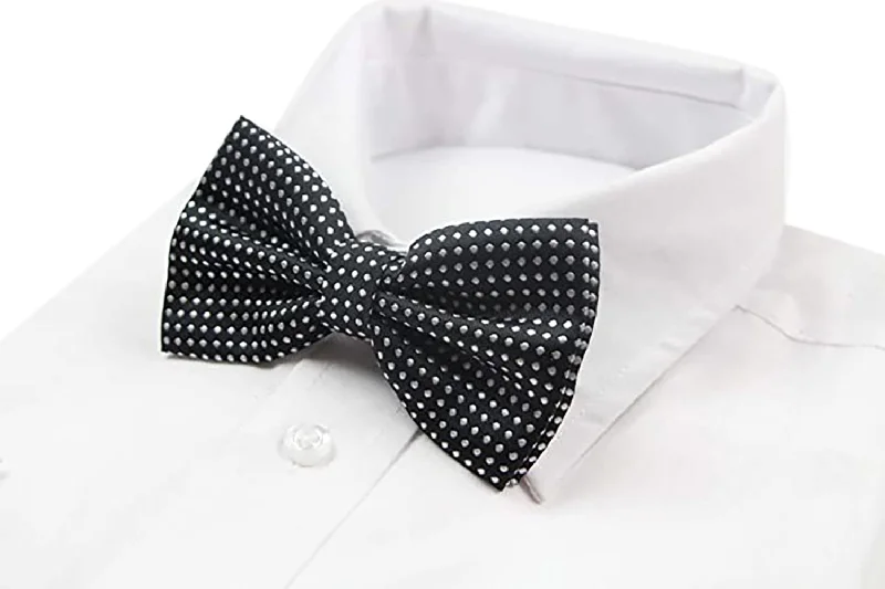 Designer men's tie for upscale dinner events-Mens Black Plain Coloured Bow Tie With White Polka Dots