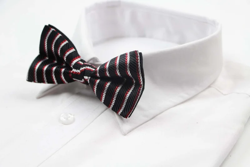 Men's tie for business attire with bold hues-Mens Black, Red & Silver Striped Patterned Bow Tie