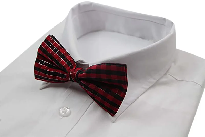 Men's tie with vibrant accents for holiday wear-Mens Black & Red Plaid Patterned Tinsel Bow Tie