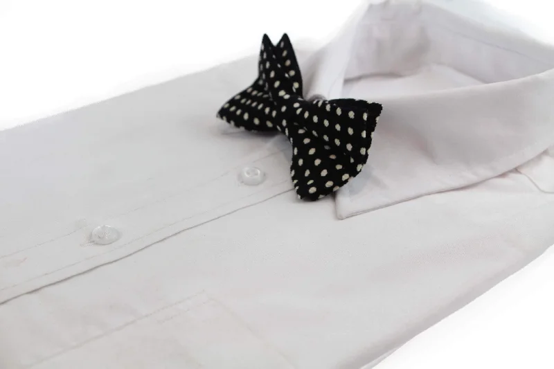 Men's tie with bold contrast colors for weddings-Mens Black  & White Cord Polka Dot Patterned Bow Tie