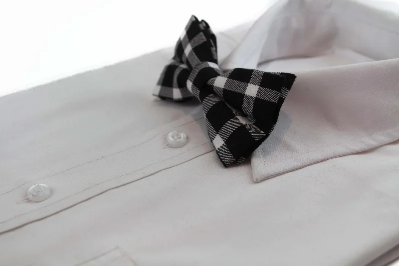 Men's tie with a classic plaid design for work-Mens Black & White Thick Plaid Double Layered Cotton Checkered Bow Tie