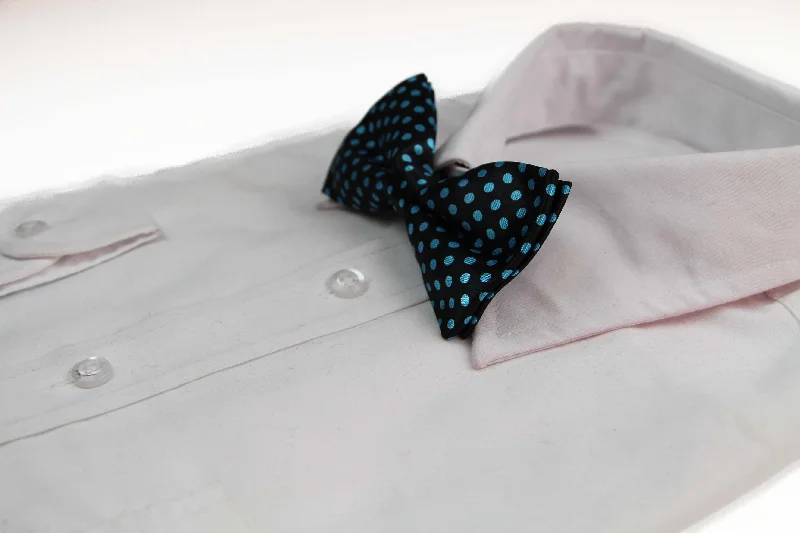 Classic men's tie for formal business events-Mens Black With Light Blue Small Polka Dot Patterned Bow Ties