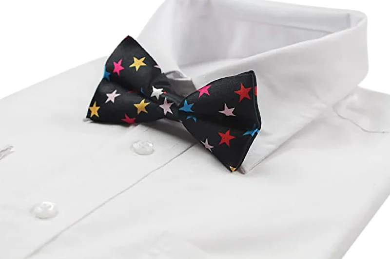 Men's tie with bold patterns for upscale office events-Mens Black With Multicoloured Stars Patterned Bow Tie