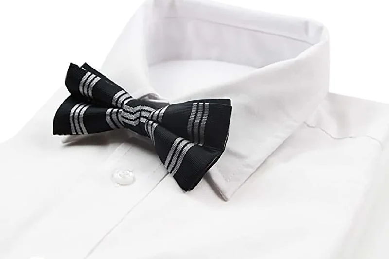 Men's tie with modern prints for professional attire-Mens Black With Silver Grey Stripes Patterned Bow Tie