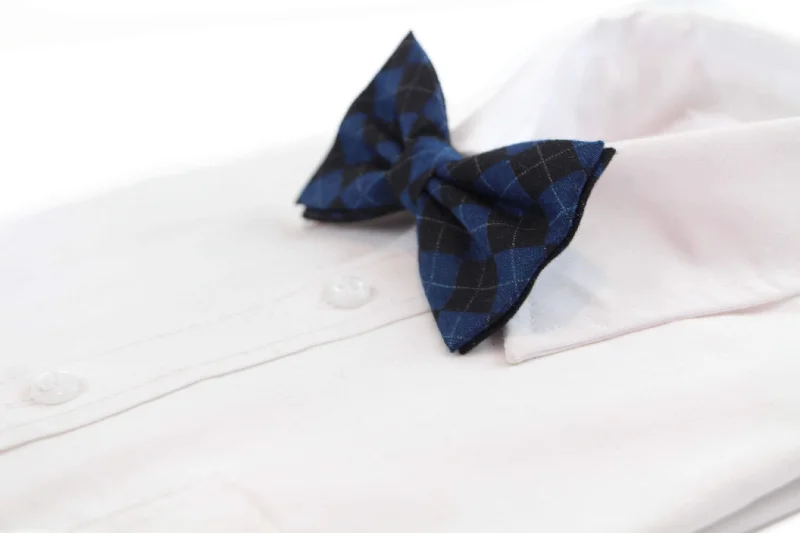 Elegant silk tie for weddings and formal events-Mens Blue & Black Thick Plaid Double Layered Cotton Checkered Bow Tie