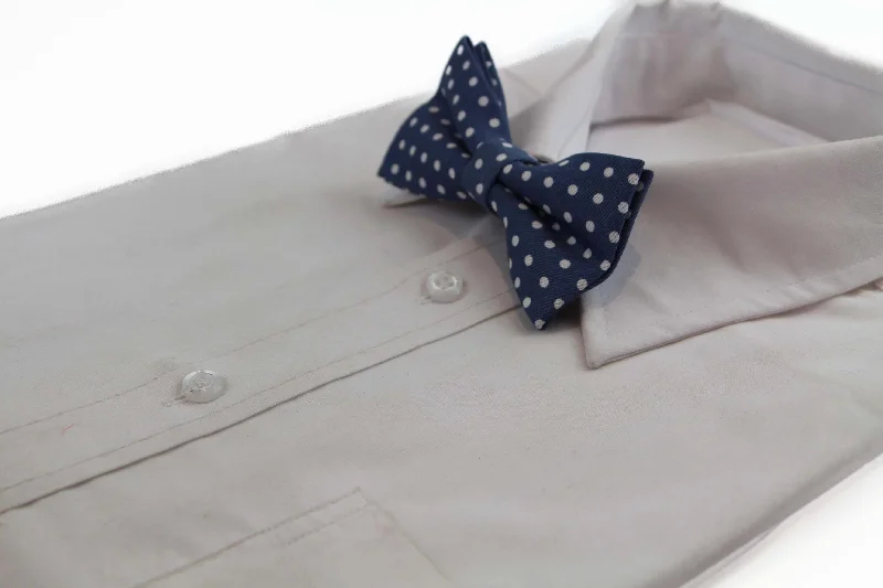 Men's tie with smooth satin finish for luxury occasions-Mens Blue Grey & White Cord Polka Dot Patterned Bow Tie