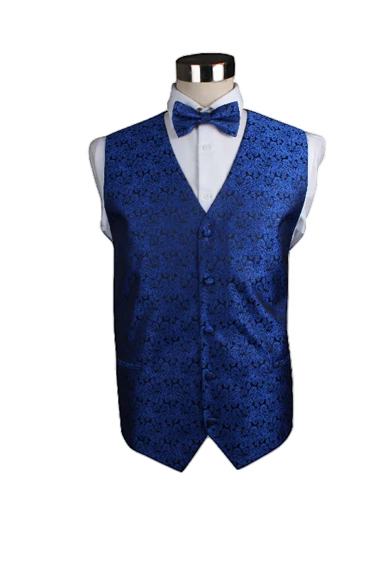 Designer tie for upscale wedding events-Mens Blue Paisley Patterned Vest Waistcoat & Matching Bow Tie