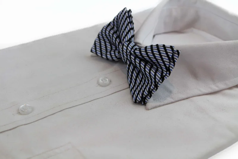 Men's tie with modern houndstooth print-Mens Blue Striped Patterned Cotton Bow Tie