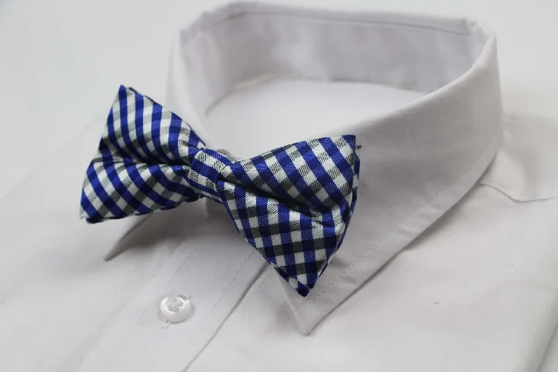 Men's tie for a smart casual look with sleek pattern-Mens Blue, White & Black Checkered Cotton Bow Tie