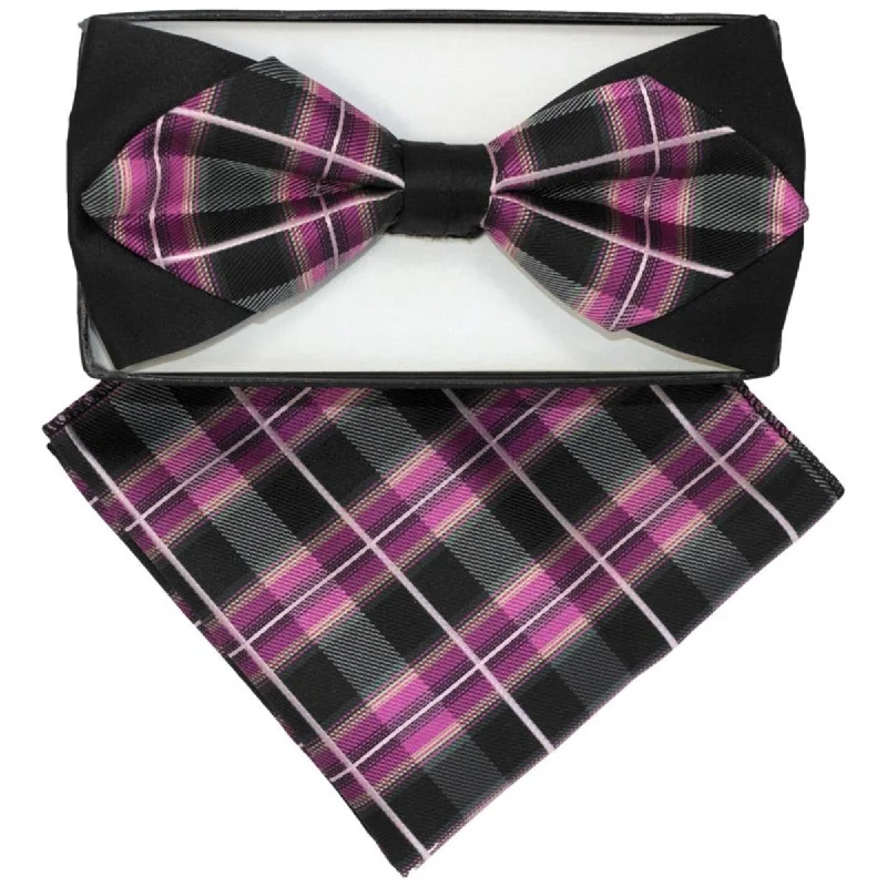 Men's tie for luxury events-Men's Black & Purple Plaid Diamond Pre Tied Bow Tie & Hanky