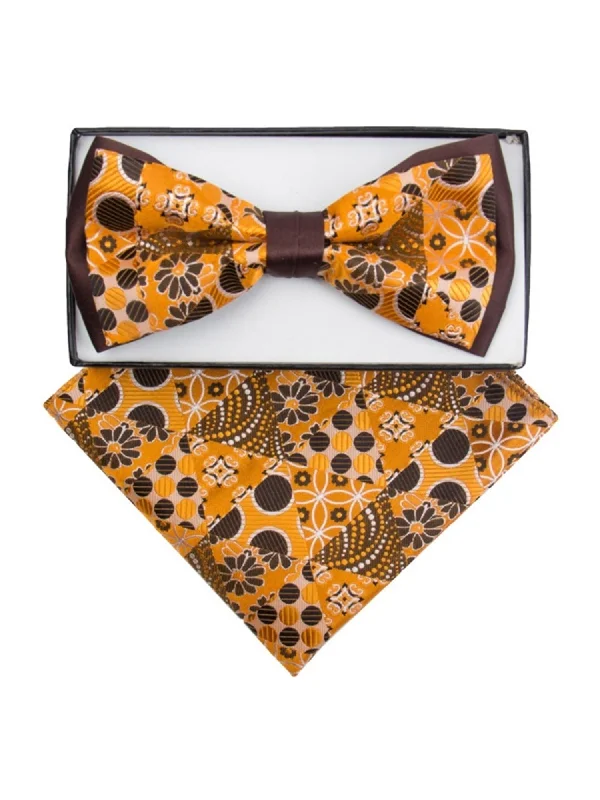 Stylish men's tie for evening parties-Men's Orange & Brown Floral Pre-tied Two-Tone Bow tie & Handkerchief Set