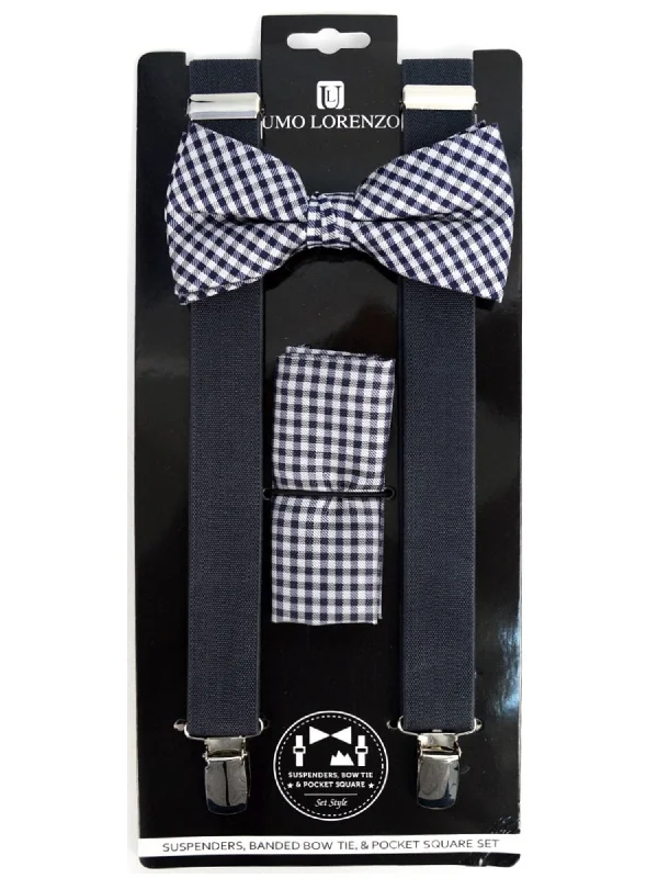 Stylish men's tie with intricate floral pattern-Men's Charcoal 3 PC Clip-on Suspenders, Bow Tie & Hanky Sets