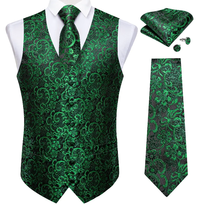 Designer silk tie for elegant office events-Men's Classic Green Floral Jacquard Silk Waistcoat Vest Tie Handkerchief Cufflinks Suit Set