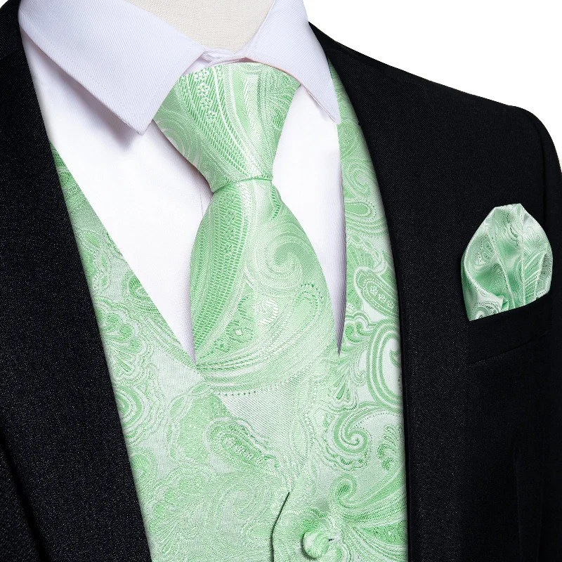 Men's tie for business attire with bold hues-Men's Classic Green Floral Jacquard Silk Waistcoat Vest Tie Handkerchief Cufflinks Suit Set