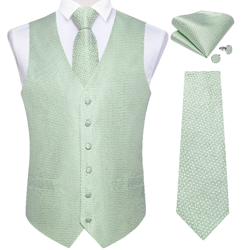 Designer men's tie with creative pattern for upscale events-Men's Classic Green Polka Dot Jacquard Silk Waistcoat Vest Tie Handkerchief Cufflinks Suit Set