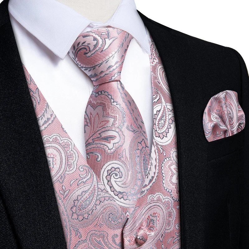 Men's tie with bold stripes for business meetings-Men's Classic Pink Paisley Jacquard Silk Waistcoat Vest Tie Handkerchief Cufflinks Suit Set