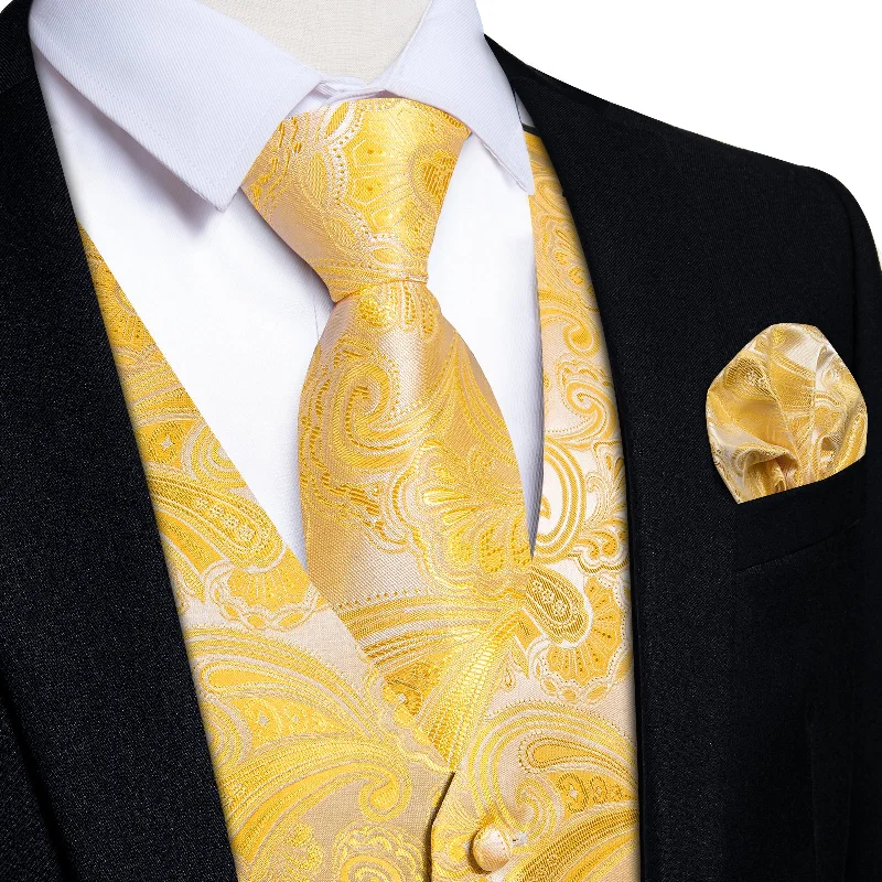 Trendy men's tie for a formal brunch event-Men's Classic Yellow Floral Jacquard Silk Waistcoat Vest Tie Handkerchief Cufflinks Suit Set