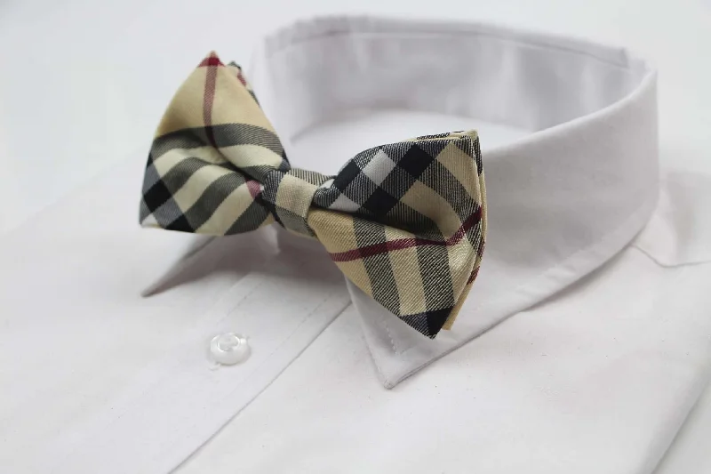 Men's tie with bold contrast colors for weddings-Mens Cream Plaid Patterned Bow Tie