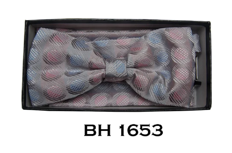 Classic men's tie for sophisticated gatherings with subtle patterns-Men's Dark Grey, Blue Polka Dots Pre-Tied Bow Tie With Matching Hanky Bh-1653