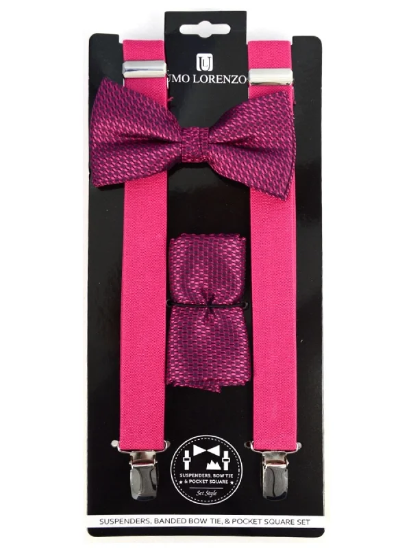 Men's tie for professional dinner events with smooth finish-Men's Fuchsia 3 PC Clip-on Suspenders, Bow Tie & Hanky Sets