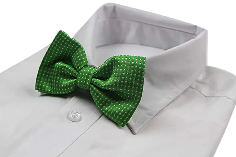 Men's tie with a modern checkered pattern for office-Mens Green Plain Coloured Bow Tie With White Polka Dots