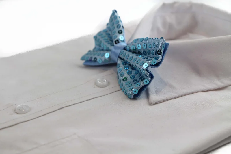 Men's tie for business casual office wear-Mens Light Blue Sequin Patterned Bow Tie