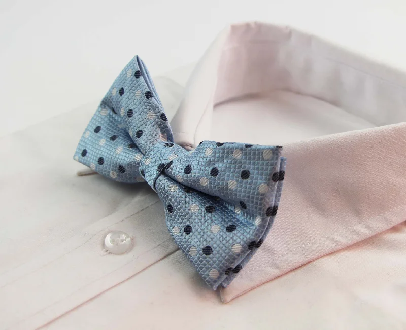 Men's tie with subtle patterns for corporate events-Mens Light Blue White Black & White Polka Dots Patterned Bow Tie