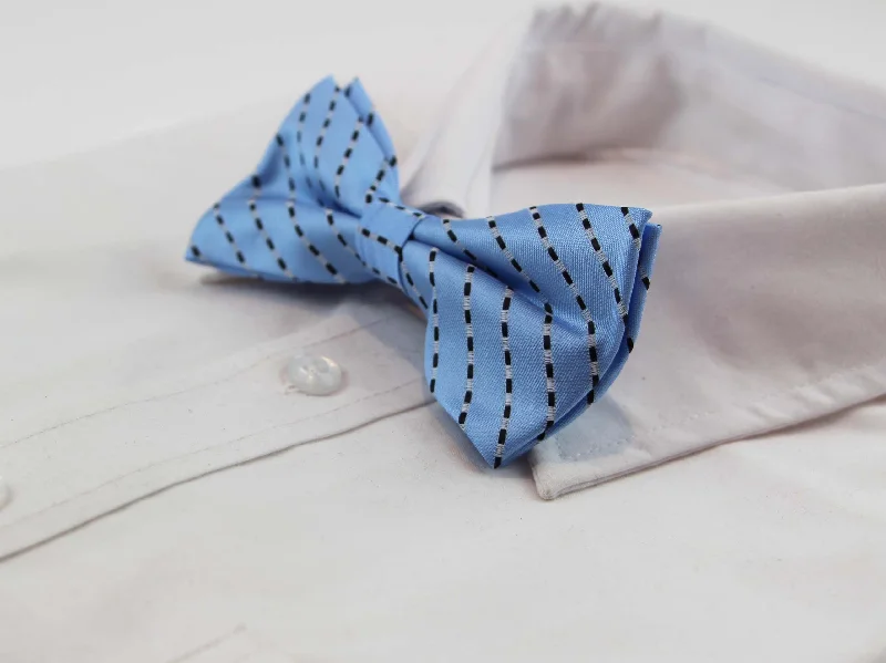 Classic men's tie with deep red tone for formal occasions-Mens Light Blue With Black & White Diagonal Stripes Patterned Bow Tie