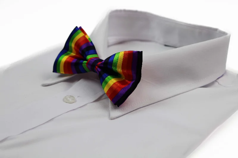 Elegant men's tie with light pastel colors for weddings-Mens Multicoloured Striped Patterned Rainbow Bow Tie