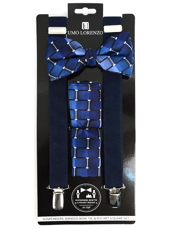 Classic men's tie with rich green tones for formal occasions-Men's Navy Blue 3 PC Clip-on Suspenders, Bow Tie & Hanky Sets