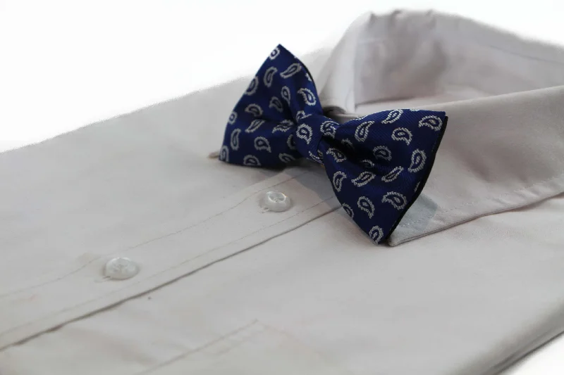 Men's tie with bold color accents for weddings-Mens Navy Blue & Silver Paisley Pattern Bow Tie