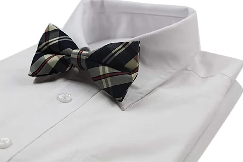 Luxury men's tie with a sophisticated sheen for weddings-Mens Navy, Cream & Red Plaid Patterned Cotton Bow Tie