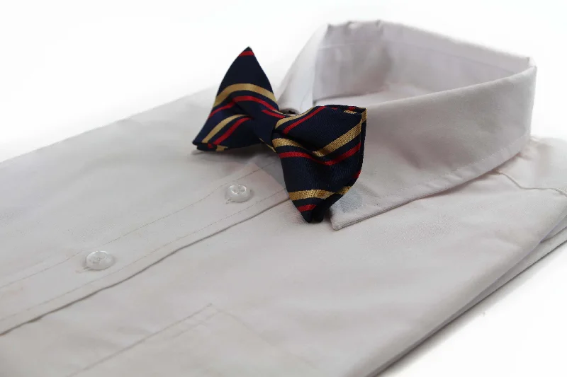 Men's silk tie for upscale corporate events-Mens Navy, Gold & Red Striped Bow Tie