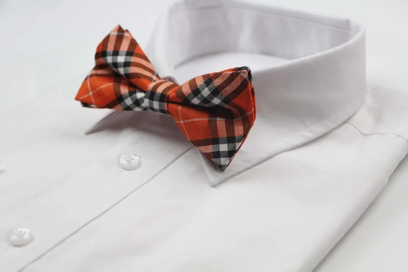 Men's tie with smooth satin finish for luxury occasions-Mens Orange Plaid Patterned Bow Tie