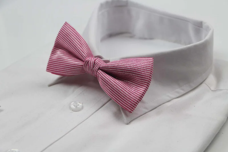 Men's tie with solid patterns for modern business attire-Mens Pink & White Horizontal Stripe With Silver Patterned Bow Tie