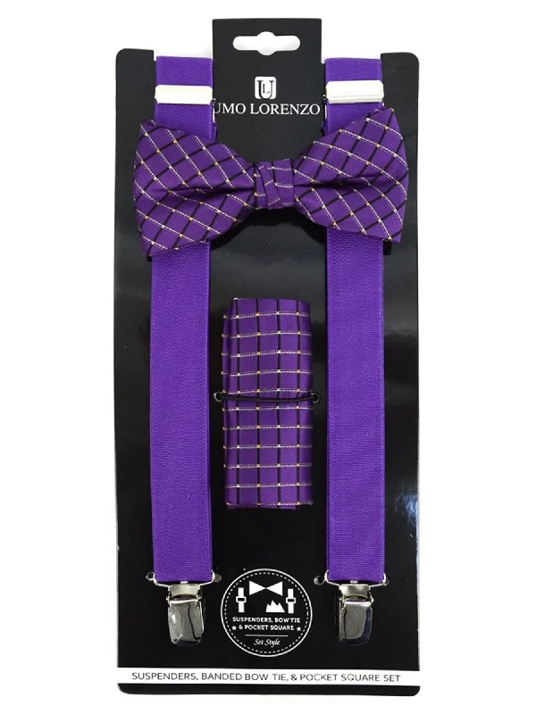 Men's tie for elegant outdoor events with floral patterns-Men's Purple 3 PC Clip-on Suspenders, Bow Tie & Hanky Sets