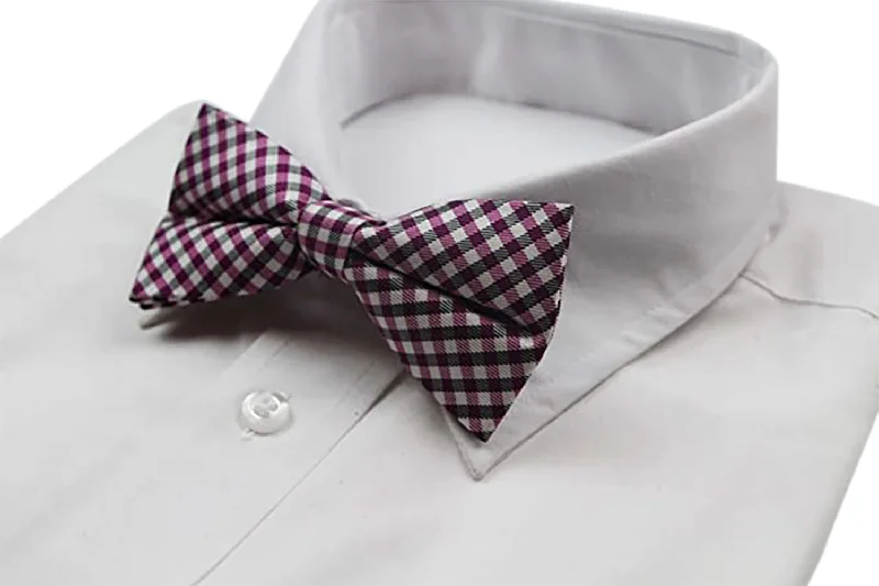 Men's tie with geometric texture for modern business meetings-Mens Purple, White & Black Checkered Cotton Bow Tie