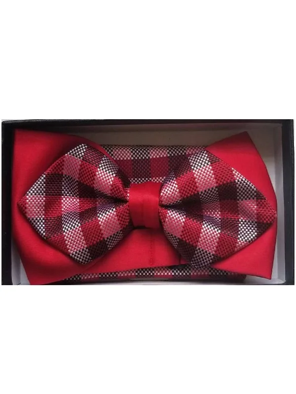 Men's tie with vibrant accents for corporate parties-Men's Red Checks Diamond Tip Bow Tie With Matching Hanky