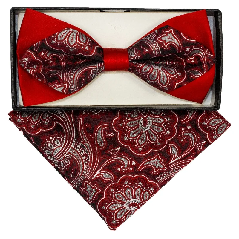 Men's tie with vibrant hues for holiday parties-Men's Red Paisley Diamond Pre Tied Bow Tie + Hanky BD-157